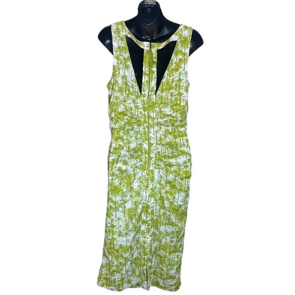 Tracy Reese midi dress palm print gauzy T back brat silk crinkle - Picture 2 of 8